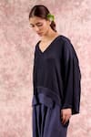 Shop_Doodlage_Navy Bemberg, Silk, Linen, Georgette V-neck Top And Pleated Pant Set _Online_at_Aza_Fashions