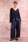 Buy_Doodlage_Navy Bemberg, Silk, Linen, Georgette V-neck Top And Pleated Pant Set _at_Aza_Fashions