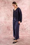 Buy_Doodlage_Navy Bemberg, Silk, Linen, Georgette V-neck Top And Pleated Pant Set 