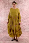 Buy_Doodlage_Green Bemberg, Cotton Embroidery Round Neck Pleated Dress _Online_at_Aza_Fashions