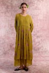 Shop_Doodlage_Green Bemberg, Cotton Embroidery Round Neck Pleated Dress _Online_at_Aza_Fashions