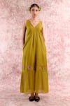 Shop_Doodlage_Green Bemberg, Georgette, Linen Embroidery V-neck Maxi Dress _at_Aza_Fashions