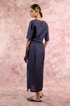 Doodlage_Navy Bemberg, Georgette, Linen V-neck Wrap Dress _Online_at_Aza_Fashions