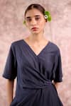 Buy_Doodlage_Navy Bemberg, Georgette, Linen V-neck Wrap Dress _Online_at_Aza_Fashions