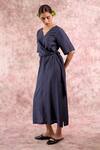 Shop_Doodlage_Navy Bemberg, Georgette, Linen V-neck Wrap Dress _Online_at_Aza_Fashions