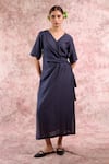 Buy_Doodlage_Navy Bemberg, Georgette, Linen V-neck Wrap Dress _at_Aza_Fashions