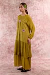 Buy_Doodlage_Olive Green Bemberg, Cotton Embroidery Round Neck Tiered Dress 