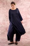 Shop_Doodlage_Navy Bemberg, Georgette, Linen Round Neck Muga Silk Tunic With Pant _Online_at_Aza_Fashions