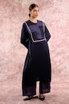 Buy_Doodlage_Navy Bemberg, Silk Embroidery Split V-, Round Muga Kurta _at_Aza_Fashions