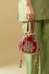 Buy_Nazaakat By Samara Singh_Red Embroidery, Zari, Pearls, Tassels Raas Velvet Silk Potli Bag _at_Aza_Fashions