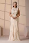 Buy_Chaashni By Maansi And Ketan_Ivory Georgette, Net Beads, Sequins, Pearls Pre-draped Saree With Tassel Blouse _at_Aza_Fashions