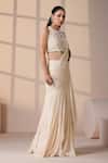 Buy_Chaashni By Maansi And Ketan_Ivory Georgette, Net Beads, Sequins, Pearls Pre-draped Saree With Tassel Blouse _Online_at_Aza_Fashions