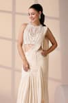 Chaashni By Maansi And Ketan_Ivory Georgette, Net Beads, Sequins, Pearls Pre-draped Saree With Tassel Blouse _at_Aza_Fashions
