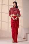 Buy_Chaashni By Maansi And Ketan_Red Lycra Sequins, Beads, Pearls, Embroidered Cape And Draped Dhoti Pant Set _at_Aza_Fashions