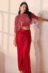 Shop_Chaashni By Maansi And Ketan_Red Lycra Sequins, Beads, Pearls, Embroidered Cape And Draped Dhoti Pant Set _Online_at_Aza_Fashions