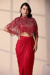 Chaashni By Maansi And Ketan_Red Lycra Sequins, Beads, Pearls, Embroidered Cape And Draped Dhoti Pant Set _at_Aza_Fashions