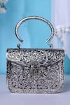 Buy Nazaakat By Samara Singh Silver Floral Embossed Brass Clutch With Handle at Aza Fashions Buy_Nazaakat By Samara Singh_Silver Floral Embossed Brass Clutch With Handle _at_Aza_Fashions