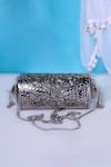 Buy Nazaakat By Samara Singh Silver Tassels Floral Embossed Metal Clutch Bag at Aza Fashions Buy_Nazaakat By Samara Singh_Silver Tassels Floral Embossed Metal Clutch Bag _at_Aza_Fashions