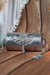 Shop Nazaakat By Samara Singh Silver Tassels Floral Embossed Metal Clutch Bag Shop_Nazaakat By Samara Singh_Silver Tassels Floral Embossed Metal Clutch Bag
