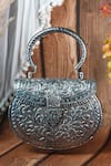 Buy Nazaakat By Samara Singh Silver Floral Embossed Metal Clutch With Handle at Aza Fashions Buy_Nazaakat By Samara Singh_Silver Floral Embossed Metal Clutch With Handle _at_Aza_Fashions