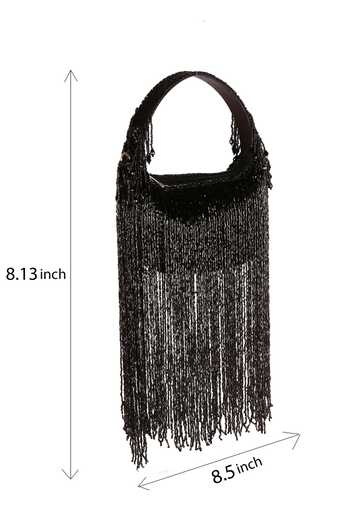 Shop_Nazaakat By Samara Singh_Black Beads, Fringe Beaded Clutch Bag _Online_at_Aza_Fashions
