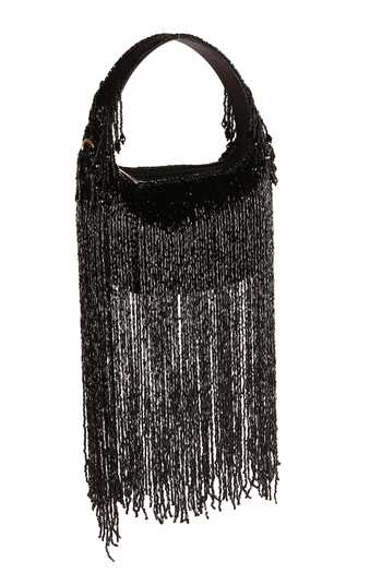 Shop_Nazaakat By Samara Singh_Black Beads, Fringe Beaded Clutch Bag _at_Aza_Fashions