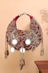 Buy_Nazaakat By Samara Singh_Red Embroidery, Beads, Mirrors, Tassels Embellished Floral Motif Clutch Bag _at_Aza_Fashions