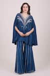 Buy_Myra Clothing Line_Blue Crepe, Chinon Beads, Sequins V-neck Embellished Kaftan And Palazzo Set _at_Aza_Fashions