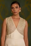 Sitaraa_Ivory Embroidery V-neck Tala Jumpsuit _Online_at_Aza_Fashions