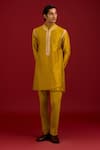 Devnaagri_Mustard Chanderi, Cotton, Lycra Embroidery Bandhej Kurta And Pant Set _Online_at_Aza_Fashions