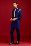 Shop_Devnaagri_Navy Chanderi, Cotton, Lycra Mirrors, Sequins, Bandhej Pattern Kurta With Pant _Online_at_Aza_Fashions