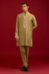 Devnaagri_Olive Green Cotton, Silk, Lycra Mirrors, Sequins, Embroidery And Dori Kurta Set _Online_at_Aza_Fashions