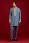 Devnaagri_Sky Blue Cotton, Silk, Lycra Embroidery, Mirrors, Sequins Work Kurta Set _Online_at_Aza_Fashions