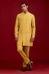 Buy_Devnaagri_Mustard Cotton, Silk, Lycra Mirrors, Sequins, And Dori Front-open Kurta Set _at_Aza_Fashions
