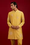 Shop_Devnaagri_Mustard Cotton, Silk, Lycra Mirrors, Sequins, And Dori Front-open Kurta Set _Online_at_Aza_Fashions