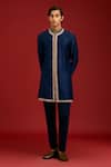 Devnaagri_Navy Chanderi, Cotton, Lycra Mirrors, Sequins, Embroidery And Dori Kurta Set _Online_at_Aza_Fashions