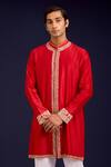 Buy_Devnaagri_Red Chanderi, Cotton, Lycra Mirrors, Sequins, Embroidery And Dori Kurta Set _Online_at_Aza_Fashions