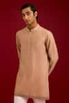 Shop_Devnaagri_Beige Linen, Satin, Cotton, Silk, Lycra Mirrors, Sequins, Work Bundi Kurta Set _Online_at_Aza_Fashions