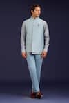 Buy_Devnaagri_Sky Blue Linen, Satin, Chanderi, Cotton, Lycra Front Buttoned Bundi And Pant Set _at_Aza_Fashions