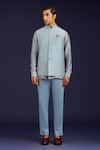 Devnaagri_Sky Blue Linen, Satin, Chanderi, Cotton, Lycra Front Buttoned Bundi And Pant Set _Online_at_Aza_Fashions