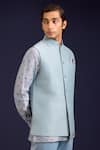 Devnaagri_Sky Blue Linen, Satin, Chanderi, Cotton, Lycra Front Buttoned Bundi And Pant Set _at_Aza_Fashions