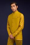 Shop_Devnaagri_Mustard Linen, Satin, Chanderi, Cotton, Lycra Mirrors, Bandhej Shirt And Bundi Set _Online_at_Aza_Fashions