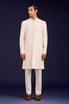 Buy_Devnaagri_Ivory Cotton, Silk, Lycra Embroidery Pintuck Pattern Sherwani And Pant Set _Online_at_Aza_Fashions