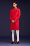 Shop_Devnaagri_Red Cotton, Silk, Lycra Mirrors, Embroidery Pintuck Pattern Sherwani And Pant Set _at_Aza_Fashions