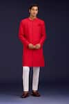 Buy_Devnaagri_Red Cotton, Silk, Lycra Mirrors, Embroidery Pintuck Pattern Sherwani And Pant Set _at_Aza_Fashions
