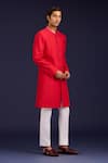 Devnaagri_Red Cotton, Silk, Lycra Mirrors, Embroidery Pintuck Pattern Sherwani And Pant Set _Online_at_Aza_Fashions