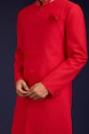 Shop_Devnaagri_Red Cotton, Silk, Lycra Mirrors, Embroidery Pintuck Pattern Sherwani And Pant Set 