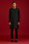 Buy_Devnaagri_Black Cotton, Silk, Lycra Pintuck Pattern Sherwani And Pant Set _Online_at_Aza_Fashions