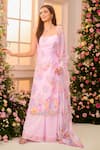 Label Priyanka Kar_Pink Satin Embroidery, Foil Printing Square Floral Pattern Kurta Sharara Set _Online_at_Aza_Fashions