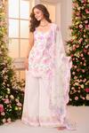 Buy_Label Priyanka Kar_White Satin Embroidery Sweetheart Neck Floral Hand Kurta Sharara Set _Online_at_Aza_Fashions